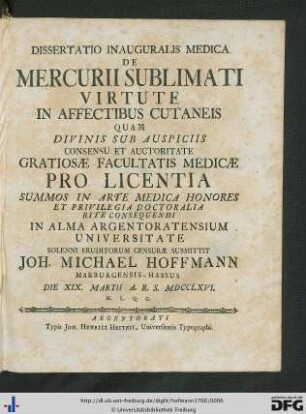 Dissertatio Inauguralis Medica De Mercurii Sublimati Virtute In Affectibus Cutaneis