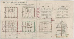 Fischer, Theodor; München; Bayerische Geschützwerke - Erweiterung des Verwaltungsgebäudes in Freimann (Grundriss Keller, Grundriss EG,Grundriss 1. OG, Grundriss DG, Grundriss Speicher, Ansichten, Schnitt)