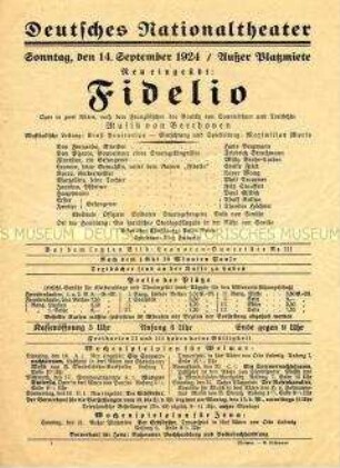 Programm des Deutschen Nationaltheaters zur Neuaufführung der Oper "Fidelio"