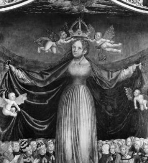Flügelaltar : Flügelaltar. Holz, bemalt (um 1520). Detail mit Schutzmantelmadonna. Aigen im Ennstal, Sankt Johannes Baptist und Johannes Evangelist