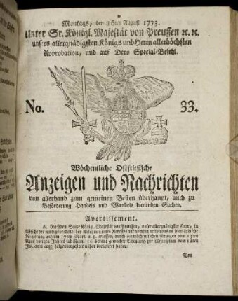 No. 33. Montags, den 16ten August 1773.