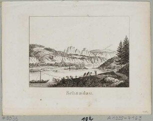 Die Sächsische Schweiz bei Schandau (Bad Schandau) vom rechten Elbufer nach Nordosten, Blick auf die Schrammsteine, aus: Andenken an die Sächsische Schweiz von C. A. Richter 1820