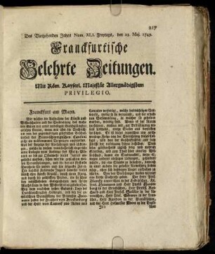 Num. XLI. Freytags, den 23. Maj. 1749 - Num. L. Dienstags, den 24. Jun. 1749