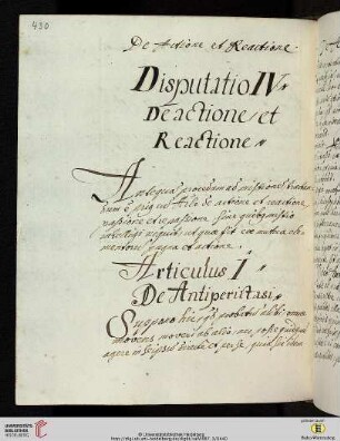 Disputatio IV De actione et reactione
