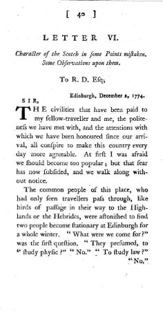 VI. Character of the Scotch in some Points mistaken. Some Observations upon them. To R. D. Esq.