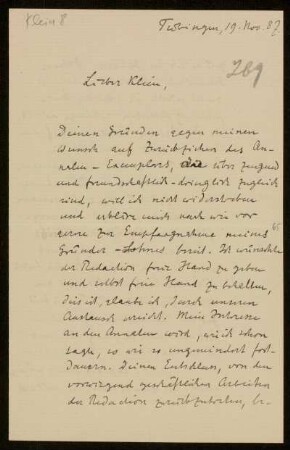 Nr. 269 Brief von Alexander von Brill an Felix Klein. Tübingen, 19.11.1887