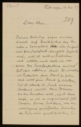 Nr. 269 Brief von Alexander von Brill an Felix Klein. Tübingen, 19.11.1887