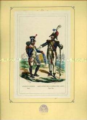 Uniformdarstellung, Tambour und Tambour-Major der Linien-Infanterie und des Grenadier-Regiments der Kaiserlichen Garde, Frankreich, 1812. Tafel 15 aus: Bellangé: Die Soldaten der französischen Republik und des Kaiserreichs.
