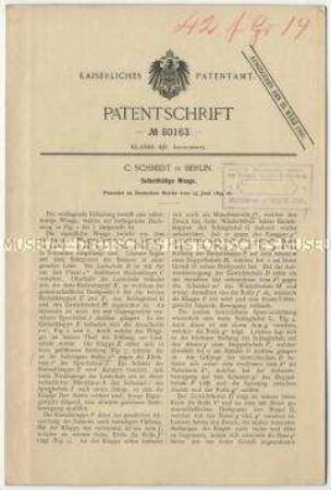Patentschrift einer selbsttätigen Waage, Patent-Nr. 80163