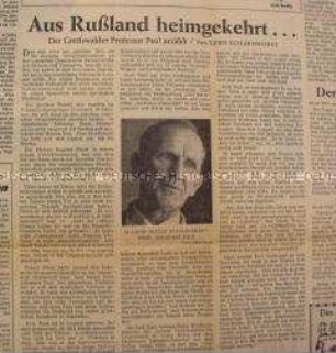 Zeitung "Welt am Sonntag" mit Bericht über Heimkehr von Johannes Paul aus russischer Gefangenschaft; 21. Aug. 1955
