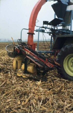 Fotografie: Erntetechnik, Silomais, Maishäcksler angebaut, Scheibenradfeldhäcksler, Feldtest, Parzelle