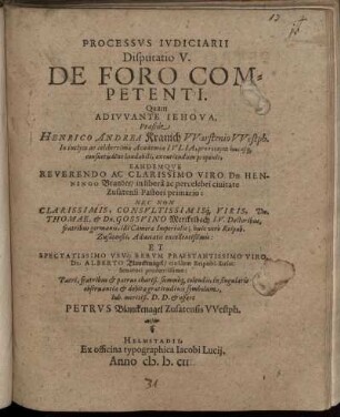 Processus Iudiciarii Disputatio V. De Foro Competenti