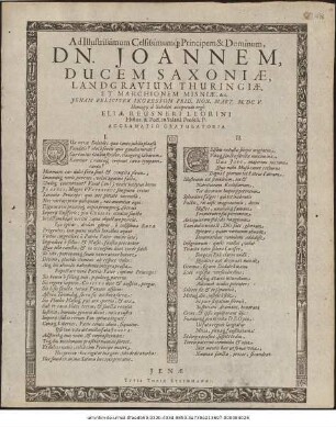 Ad Illustrissimum Celsissimumque Principem & Dominum, Dn. Joannem, Ducem Saxoniae ... Ienam feliciter Ingressum Prid. Non. Mart. M.DC.V. Homagii à Subditis accipiendi ergo Eliae Reusneri Leorini Histor. & Poës. in Salanâ Profess. P. Acclamatio Gratulatoria