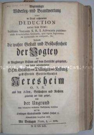 Replik auf den Anspruch der Oettingen-Wallersteinischen Landesherrscher auf die Gerichtshoheit über die Abtei Neresheim