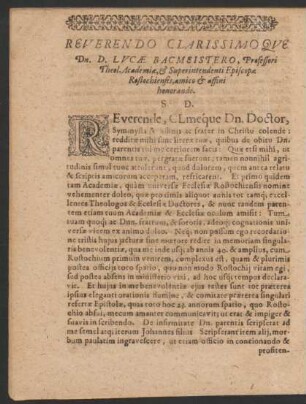 Reverendo Clarissimo Que Dn. D. Lucae Bacmeistero