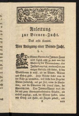 1-8, Anleitung zur Bienen-Zucht. Das erste Kapitel. Von Anlegung einer Bienen-Zucht.