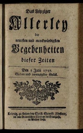 Den 5 Julii 1757. Sieben und zwanzigstes Stück.