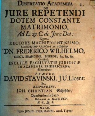 Diss. acad. de iure repetendi dotem constante matrimonio