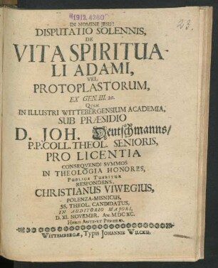 Disputatio Solennis, De Vita Spirituali Adami, Vel Protoplastorum, Ex Gen. III. 20.