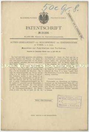 Patentschrift einer Maschine zur Fabrikation von Torfstreu, Patent-Nr. 21295