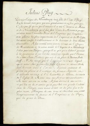 Julius Pflug : Biographischer Text (vermutlich von M. de Brais) zu Julius Pflug (Bischof von Naumburg-Zeitz). Blatt 62 verso aus: Porträtsammlung mit biographischem Texte in französ. Sprache (betreffend Francois Alciat, Thomas d'Aquin, Jean Barclai, ... ) 56 Porträts, 17. Jh. Dresden: SLUB Mscr.Dresd.P.49