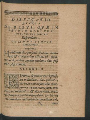 Disputatio Quinta. De Rebus, Quae In Feudum Dari Possint, Vel Non Possint.