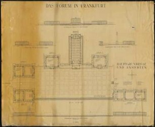 Planung Gauforum Frankfurt/Oder: Ansichten West, Ost, Süd und Nord sowie Grundrisse 1:500