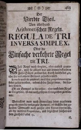 Der Vierdte Theil. Von allerhand Arithmetischen Regeln.
