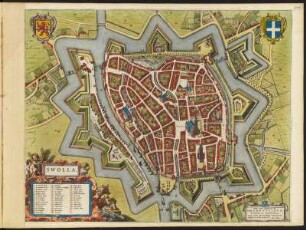 Stadtplan von Zwolle in den Niederlande, 1 : 2 500, kolorierter Kupferstich, 1649 : Swolla : [gewidmet] Viris D. D. Consulibus, Scabinis, Et Consiliariis Lib. Imp. Civitatis Swollae / Tabulam hanc ... D. D. Ioan Blaeu., [ca. 1:2.500] / [Amsterdam] : [Joan Blaeu], 1649 - 1 Plan : Kupferst. ; 52,0 x 41,3 cm - Titelkartusche links unten. - Wappendarst. oben links u. oben rechts - Mit Gebäudeverz. - Wahrschl. aus: Novum Ac Magnum Theatrum Urbium Belgicae Foederatae. [Teil 1] : Ad praesentis temporis faciem expressum / a Ioanne Blaeu, Amstelaedamensi