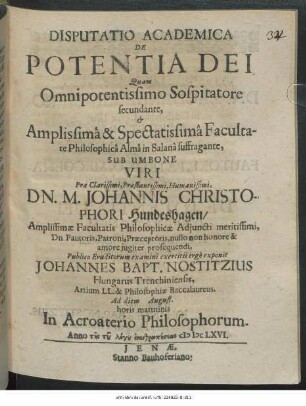 Disputatio Academica De Potentia Dei