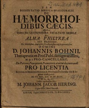 Dissertatio Medica Inauguralis De Haemorrhoidibus Caecis