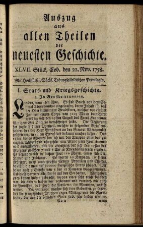 XLVII. Stück. Coburg, den 22. Nov. 1758.