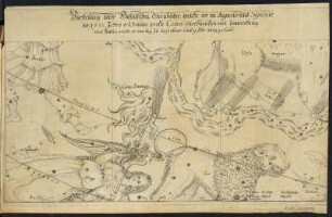 Sternkarte, mit Tierkreiszeichen mit dem 1682 erschienenen Kometen, Kupferstich, 1681 : Vorstellung derer Himmlischen Sternbilder, welche der im Augusto und Septembr des 1682 Jahres erschienene grosse Comet durchlauffen: mit bemerckung derer Stellen welche er von tag zu tage abends umb 9. Uhr innen gehabt. - Dresden ; Zittau: Miethe, 1681 - 1 Sternkarte : Kupferstich ; 31,4 x 18,8 cm