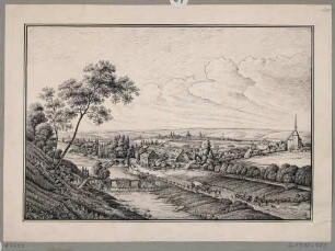 Blick von Hohendölzschen über die Weißeritz, den Reisewitzschen Garten, die Hofmühle und das Dorf Plauen mit der Kirche rechts auf die Stadtsilhouette von Dresden im Hintergrund, nach historischer Vorlage aus der Zeit um 1810