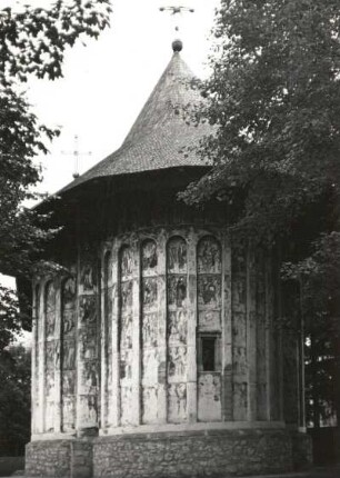 Humor (Moldau), Rumänien. Klosterkirche (1530) mit Außenfresken, Apsis