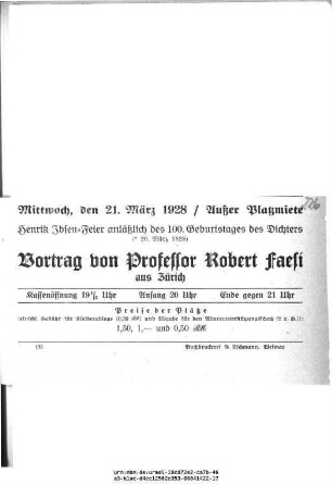 Henrik Ibsen-Feier anläßlich des 100. Geburtstages [...] Vortrag [...] Robert Faesi
