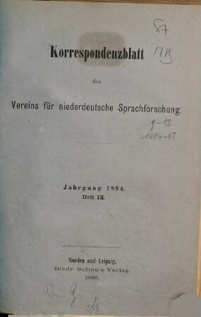 Korrespondenzblatt des Vereins für Niederdeutsche Sprachforschung. 9. 1884
