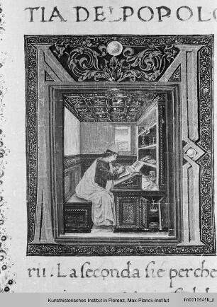 Leonardo Bruni: Historia Fiorentina : Buchseite mit Text, Bordüren, figürlichen Medaillons sowie historisierter Initiale M(olto)