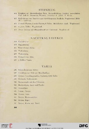 Steinzeug (Nr. 484-488) Nachtrag Fayence (Nr. 489-495)