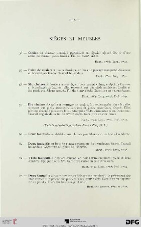 Sièges et Meubles (Nr. 56-114) avec planche I-IV