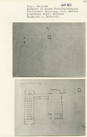 Entwurf Friedhofsanlage (Diplomarbeit bei Kurt Dübbers): Lageplan, Grundriss Leichenhalle und Kapelle 1:100