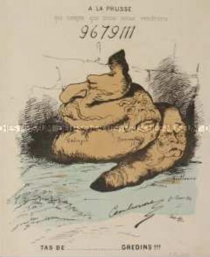A la Prusse - Karikatur auf Napoleon III., Bismarck und Wilhelm I. im Zusammendruck mit der Darstellung eines Weinblattes