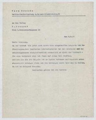 Brief von Vera Broido an E. Prager-Verlag / E. Prager. Berlin