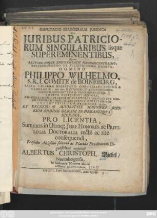 Disputatio Inauguralis Juridica De Juribus Patriciorum Singularibus iisque Supereminentibus