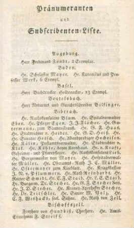 Pränumeranten und Subsribenten-Liste