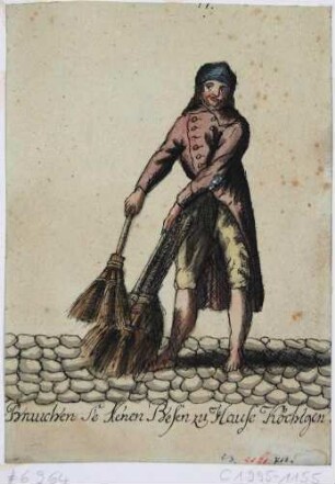 Dresdner Originale: Besenhändler in Dresden in typischer Tracht mit der Unterschrift "Brauchen Se ke'nen Besen zu Hause Köchtgen."