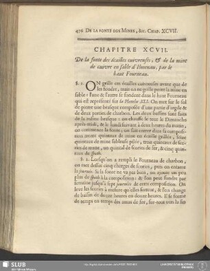 Chapitre XCVII. De la fonte des écailles cuivreuses, & de la mine de cuivre en sable d'Ilmenau, par le haut Fourneau