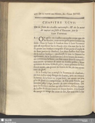 Chapitre XCVII. De la fonte des écailles cuivreuses, & de la mine de cuivre en sable d'Ilmenau, par le haut Fourneau