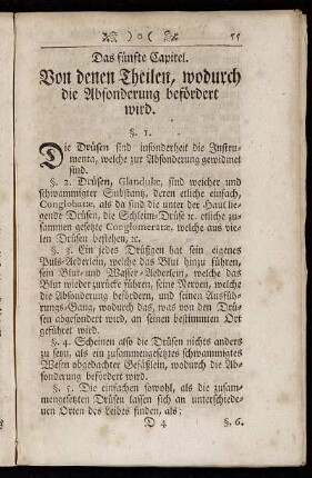 Das fünfte Capitel. Von denen Theilen, wodurch die Absonderung befördert wird.