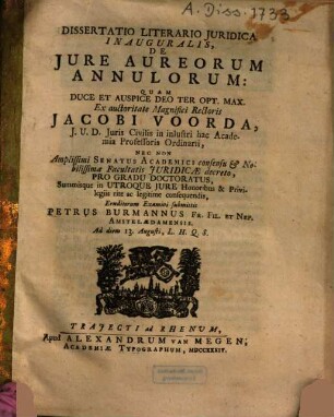 Dissertatio Literario Juridica Inauguralis, De Jure Aureorum Annulorum